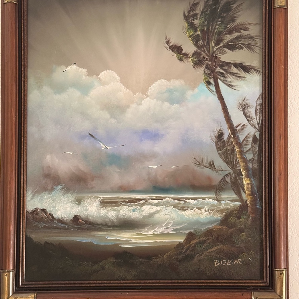 Bieber Signed Original Florida Highwayman Oil Painting Storm Ocean Sunrise 23x26